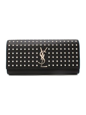 Saint Laurent Black Grained Leather Monogram Studded Flap Clutch