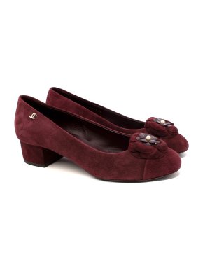 Chanel Burgundy Suede Toe-Cap Camellia Pumps
