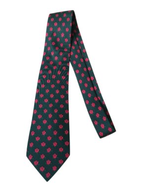 Hermes Green & Pink Rose Print Silk Tie
