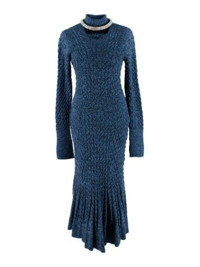 Alexander McQueen Blue & Black Knitted Maxi Dress with Crystal Collar