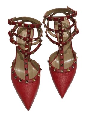 Valentino Garavani Red Grained Leather Caged Rockstud Sandals