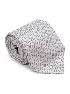 Fendi Silvery Grey Silk Monogram Embroidered Tie