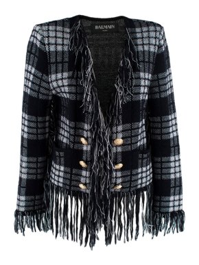 Balmain Black & White Mohair Blend Check Fringed Open Jacket