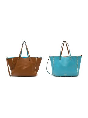 Valentino Aqua Blue/Tan Leather Rockstud Reversible Tote Shoulder Bag