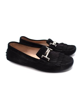 Tod's Black Suede Double T Fringe Loafers