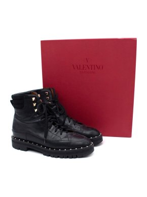 Valentino Rockstud Black Leather Lace Up Combat Boots