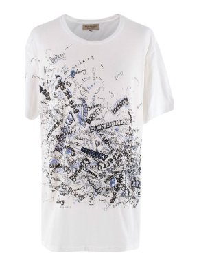 Burberry White Black & Ink Blue Doodle Print Crewneck Tee