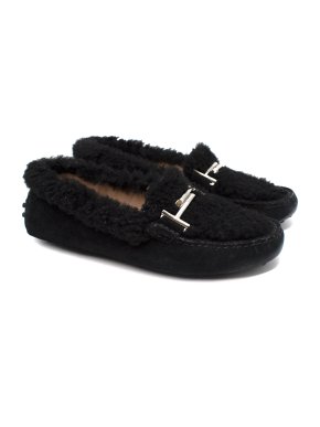 Tod's Double T Shearling and Suede Gommini Black Loafers