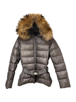 Moncler Fur Trimmed Grey Down Belted Jacket