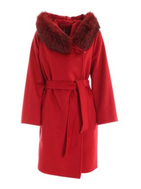 Max Mara Studio Red Fox Fur Trim Hooded Mango Coat