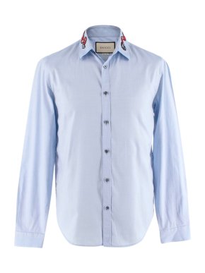 Gucci Baby Blue Cotton Poplin Snake Embroidered Collar Shirt