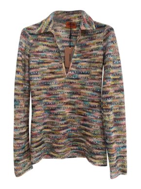 Missoni Multicoloured Crochet Knit V-Neck Long Sleeve Top