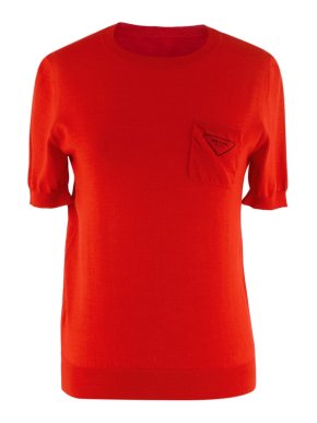 Prada Red Fine Knit Triangle Logo Short Sleeve Sweater