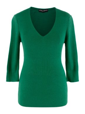 Dolce & Gabbana Green Cashmere & Silk Ribbed Knit 3/4 Sleeve Top