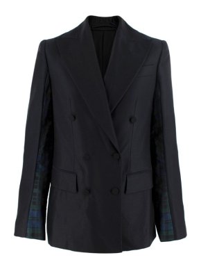 Burberry Black Wool Blazer with Navy & Green Plaid Sleeve Detail