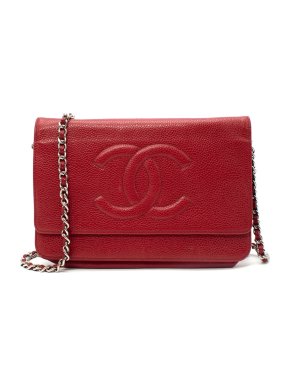 Chanel Red Caviar Leather CC Logo Wallet on Chain