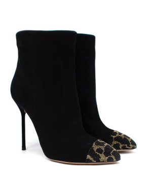 Sergio Rossi Black Suede Leopard Crystal Toe Cap Heeled Booties