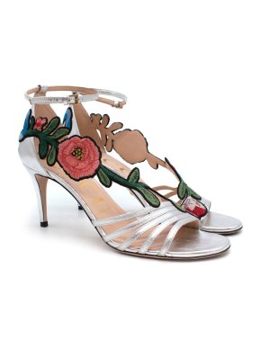 Gucci Ophelia Silver Leather Floral Embroidered Sandals