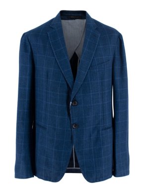 Armani Collezioni Navy Check Linen & Cotton Single Breasted Blazer