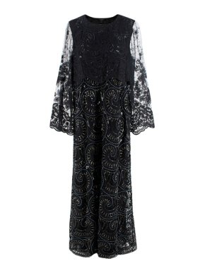 Burberry Black Paisley Motif Embellished Lace Gown