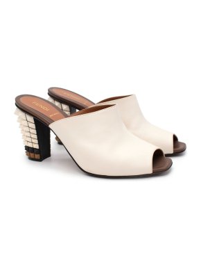 Fendi Ivory Smooth Leather Spike Heel Peep-Toe Mules