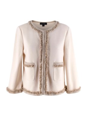 St.John Ivory Fine Knit Jacket with Fringed Beige Trim