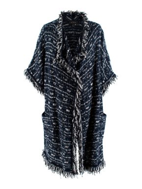 St.John Navy & White Fringed Boucle Wrap Jacket