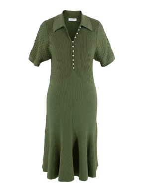 Sandro Olive Green Knitted Midi Dress with Faux-Pearl Buttons