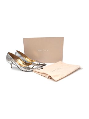 Jimmy Choo Silver Laser Cut Point Toe Kitten Heeled Pumps
