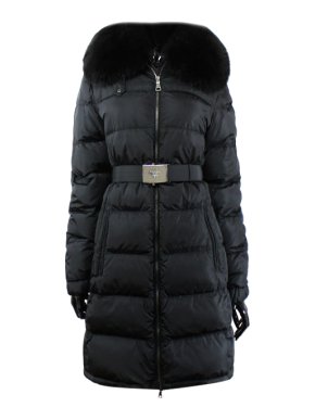 Prada Black Fox Fur Trimmed Down Belted Coat
