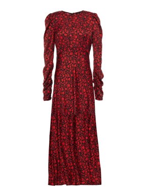 Maje Red & Black Ruched Floral Print Midi Dress