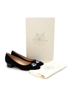 Charlotte Olympia Eyes For You Black Suede Block Heel Pumps