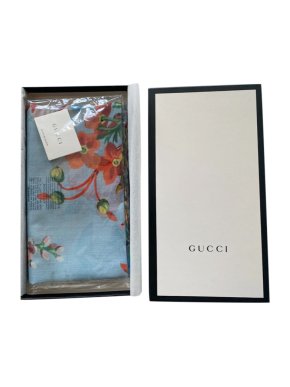 Gucci Blue Floral Print Wool Scarf