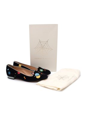 Charlotte Olympia Abstract Kitty Black Velvet Embroidered Flats