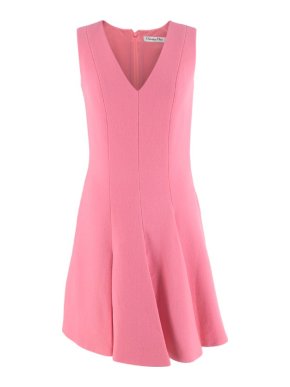 Christian Dior Pink Wool Crepe Pleated V-Neck Dress