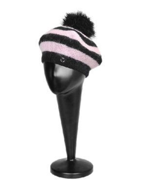 Charlotte Simon Pink & Black Striped Mohair & Fox Fur Beret