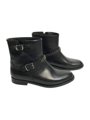Saint Laurent Black Leather Studded Buckle Biker Boots