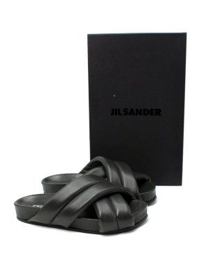 Jil Sander Moss Green Cross-Strap Padded Leather Slides