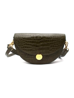 Agneel Nora Dark Green Croc Embossed Leather Half-Moon Shoulder Bag