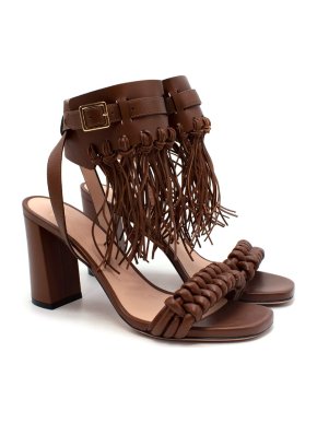 Bally Chocolate Brown Leather Fringed Ankle Heeled Sandals
