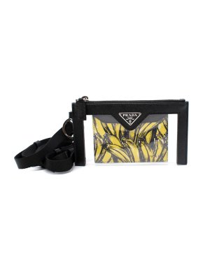 Prada Black Saffiano & Banana Print Lanyard Card Holder