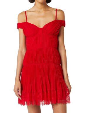 Self Portrait Red Pleated Off Shoulder Mini Dress