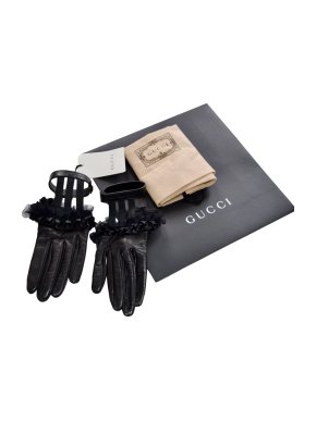 Gucci Black Leather & Tulle Gloves - Size 7