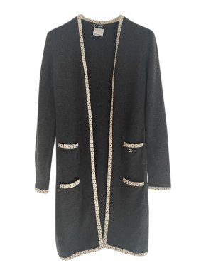 Chanel Gray Ivory Trimmed Cashmere Open Cardigan