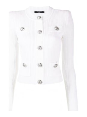 Balmain White Fitted 4 Pocket Cotton Knit Cardigan/Jacket