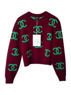 Chanel Rare 2021 Burgundy & Green CC Cashmere Blend Intarsia Jumper