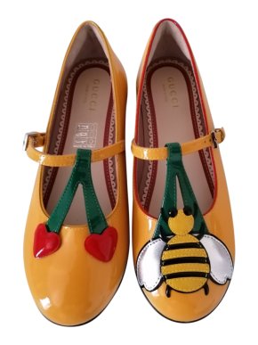 Gucci Yellow Bee & Flower Detail T-Strap Patent Pumps - Size 32