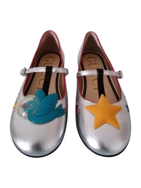 Gucci Bird & Star Detail Metallive Silver T-Strap Pumps - Size 33