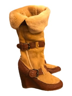 Fendi Tan Leather & Shearling Wedge Boots