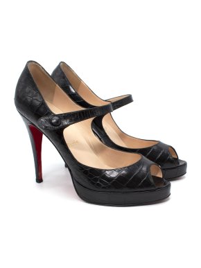 Christian Louboutin Black Croc Embossed Leather Peep Toe Pumps